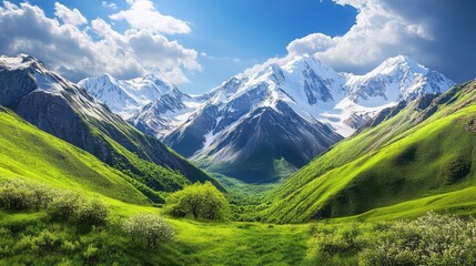 Fototapeta premium A stunning landscape in the mountains with snow-covered peaks and lush green valleys, mountains, landscape, snow, peaks