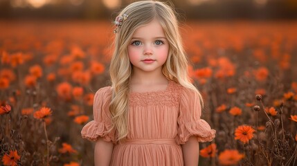 Fototapeta premium A young girl with long blonde hair poses in a vibrant orange flower field, bathed in warm golden light during the late afternoon, radiating innocence and charm