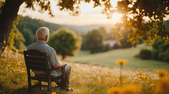 An older man sits quietly on a wooden bench, reflecting on life as the sun sets behind lush hills. Surrounding wildflowers add to the serene atmosphere