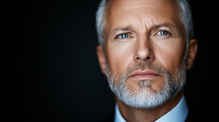 A close up of a man with a white beard and blue eyes