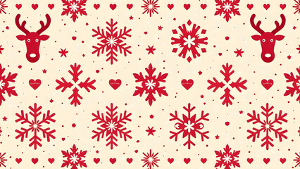 This symmetrical design features Nordic-inspired snowflakes and reindeer, creating a timeless red-and-white holiday pattern