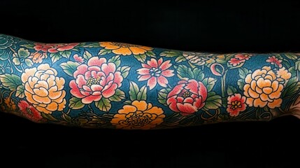 A forearm is adorned with a stunning floral tattoo featuring various colorful flowers and lush greenery. The design emphasizes bold colors and intricate patterns, showcasing artistry