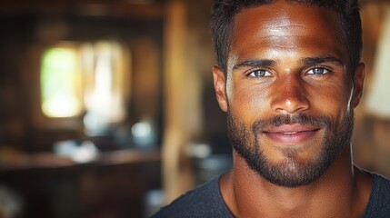 Fototapeta premium A man with a warm smile stands in a rustic environment, showcasing his strong features and beard. The soft lighting highlights his friendly expression and the setting adds depth