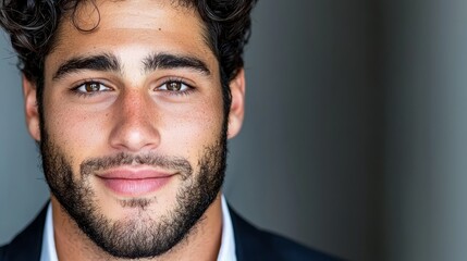 Obraz premium A man with curly hair and a beard smiles at the camera