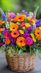 Colorful floral arrangement in a woven basket surrounded by greenery