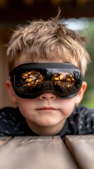 A young boy wearing a pair of black sunglasses