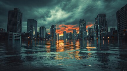 Fototapeta premium Cityscape flooded at sunset, dramatic clouds.