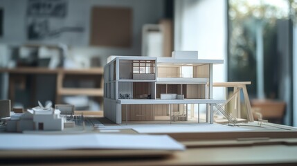 architect design working drawing sketch plans blueprints and making architectural construction model in architect studio,flat lay.