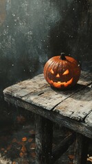 Carved pumpkin on a weathered wooden table in a dimly lit room