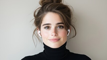 Obraz premium A woman wearing a black turtle neck sweater and white earbuds