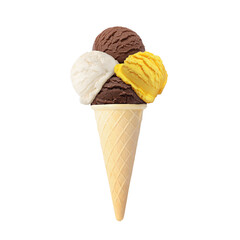 Ice cream scoops in waffle cone on white background. Chocolate, vanilla and mango flavors