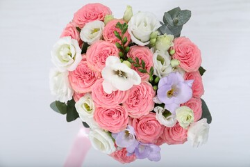 Beautiful wedding bouquet on light background, closeup