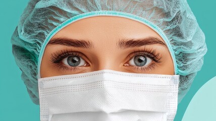 A close-up of a person wearing a surgical mask and a hairnet, focusing on their expressive blue eyes, conveying professionalism and care in a healthcare setting.