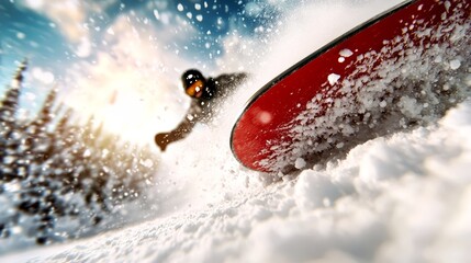 Naklejka premium A snowboarder is going down a snowy hill in the snow