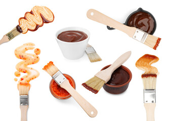 Marinade and basting brushes isolated on white, collage