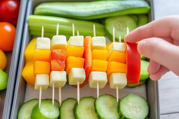 A child's hand reaching for colorful cheese cubes on skewers with fresh vegetables in a playful lunchbox.