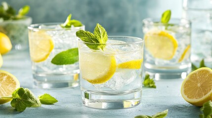 Fototapeta premium Refreshing Lemon Mint Iced Water: A Summer Drink