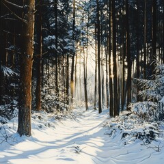Naklejka premium Panoramic view of a winter forest in sunlight