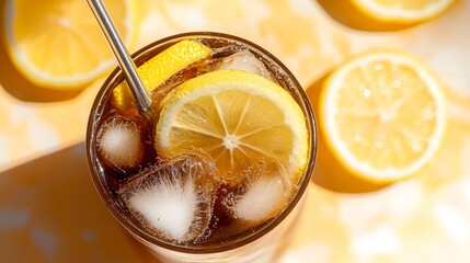 A glass of iced tea with lemon slices and a straw