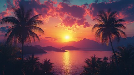 Sunset over mountains and palm trees creating a serene tropical landscape at dusk