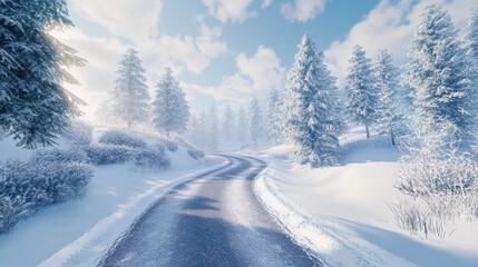 Obraz premium Snow-covered road in pine forest, serene winter wonderland scene