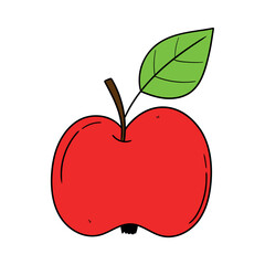 Hand drawn cartoon red apple with green leaf on white background.
