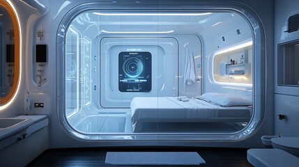 Futuristic minimalist bedroom with integrated tech.