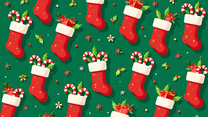 Cheerful stockings stuffed with treats like candy canes and holly make up this seamless pattern