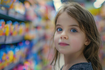 Fototapeta premium Generative AI image of a cheerful child enjoying a visit to a colorful toy store