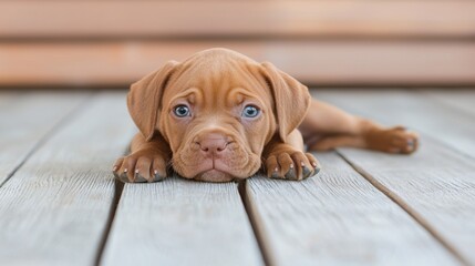 Adorable puppy practicing patience on wooden deck for spring training
