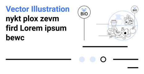 Healthy vegetables, fruits, and preserved food items with BIO labels. Black text and graphical elements scattered around. Ideal for organic produce, healthy living, eco-friendly lifestyle, natural