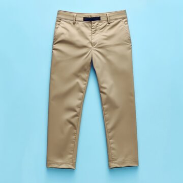Khaki chinos flat lay on light blue background.