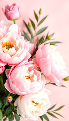 Bouquet of fresh pink peony flowers on pink background. Spring blooms