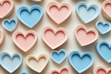 Decorative hearts in pastel colors arranged creatively on a neutral background for a festive or romantic occasion