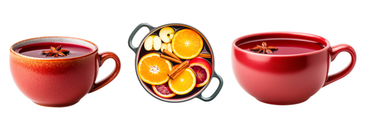 A glass of mulled wine filled with a spiced beverage, garnished with orange and cinnamon, isolated on white background, concept of warmth
