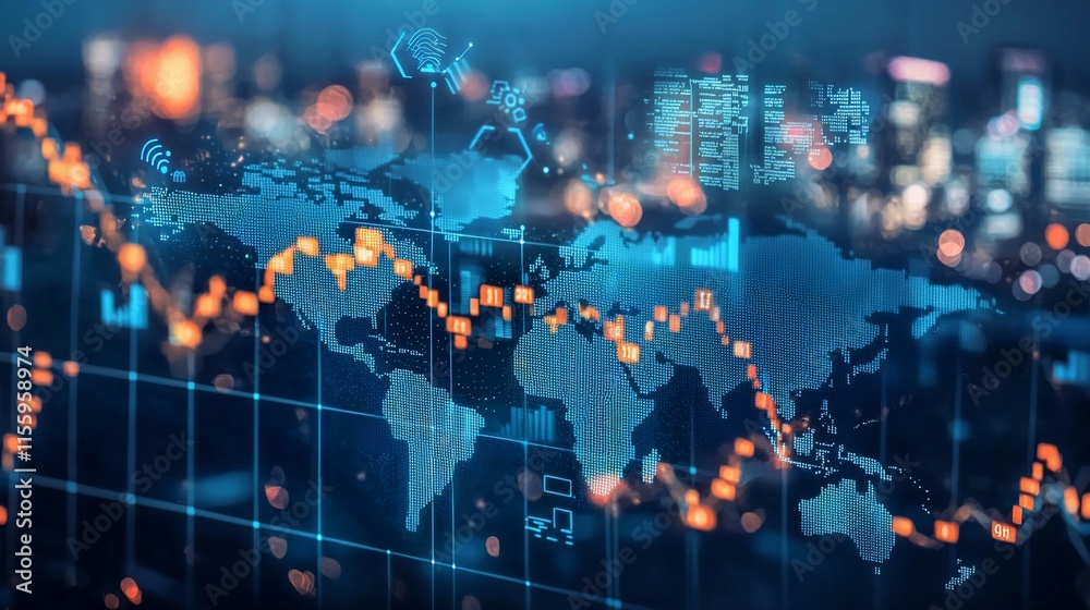 Poster global market downturn visualized on a world map with financial data overlays.