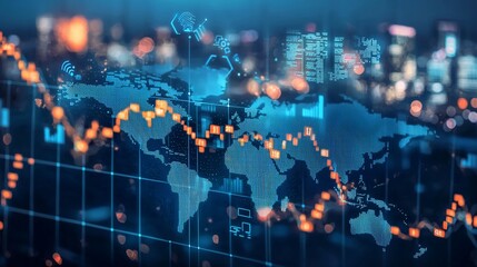 Global market downturn visualized on a world map with financial data overlays.