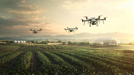 Drones surveying agricultural fields at sunset.