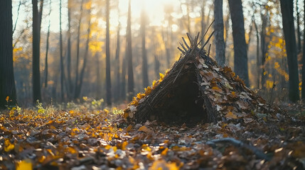 Autumnal Woodland Shelter: Sunlight Dapples Golden Leaves on Rustic Lean-to in Forest