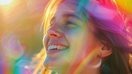 Radiant Joy: A Portrait of Happiness Bathed in Sunlight and Prismatic Light