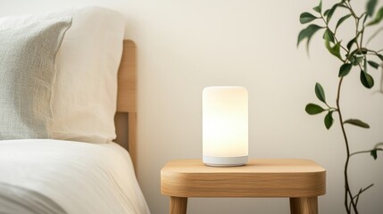 Cozy bedroom decor with modern white lamp on wooden nightstand for minimalist design inspiration