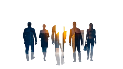 Group of business people silhouette by sunset and building, group work success theme photo. 