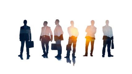 Group of business people silhouette by sunset and building, group work success theme photo. 