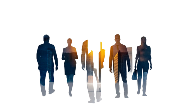 Group of business people silhouette by sunset and building, group work success theme photo. 