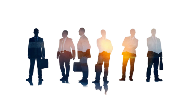 Group of business people silhouette by sunset and building, group work success theme photo. 