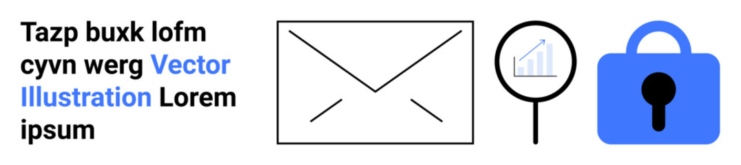 Envelope, magnifying glass with a graph, and padlock icons representing communication, data analysis, and security. Ideal for technology, business strategy, digital marketing, data privacy