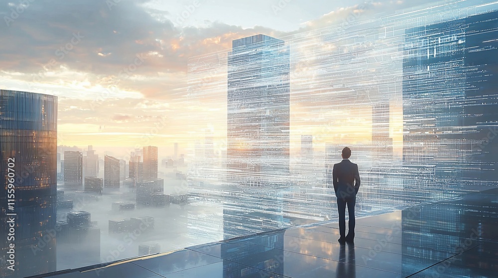 Poster businessman overlooking futuristic cityscape with digital data streams.