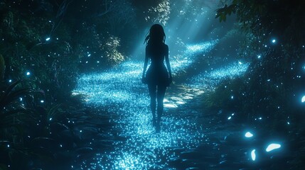 Fototapeta premium A mysterious anime girl walking through a glowing biolumines
