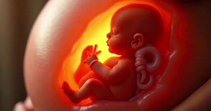A baby is visible in the womb through the mother's belly, showing a developing fetus approximately 12-16 weeks after conception. A tender portrayal of prenatal development, capturing tiny unborn child