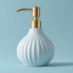 Obraz premium Elegant light blue ceramic soap dispenser with gold pump on a light blue background.